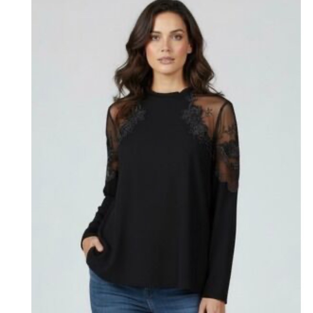 Free People Black Mesh Floral Embroidered Long Sleeve Ribbed Top Small